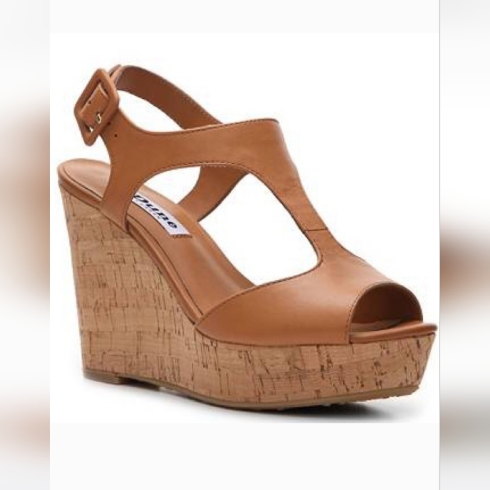 Dune London Leather T Strap Brown Goal Cork Wedge Heeled Sandals Size 38  7.5